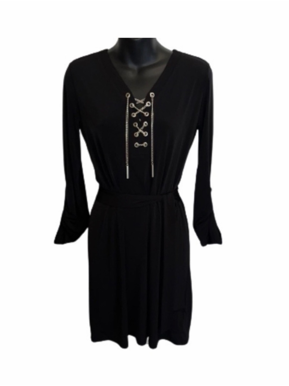 Michael Kors Black Long-Sleeve Lace-Up V-Neck Belted Dress